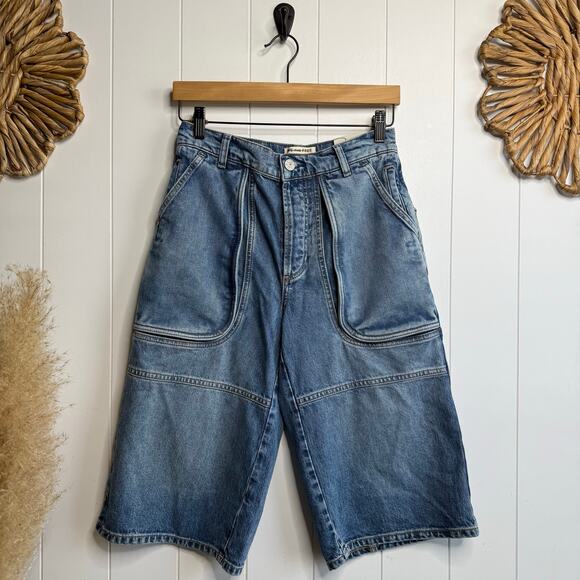 Free People cropped jeans pants long shorts denim bermuda relaxed cotton 26 - Picture 2 of 8